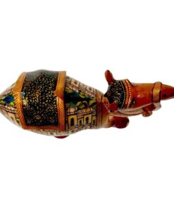 Decorative Indian wooden animal sculpture with intricate colorful patterns and traditional craftsmanship.