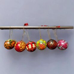 Hand painted paper Mache baubles hanging on pipe