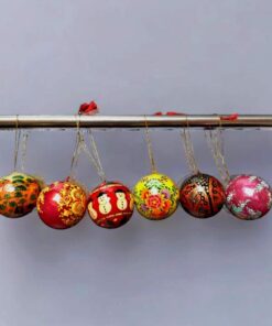 Hand painted paper Mache baubles hanging on pipe