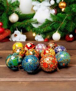 Paper Mache hand painted baubles with Christmas tree in back ground