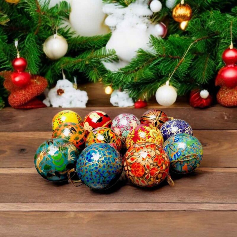 Paper Mache hand painted baubles with Christmas tree in back ground