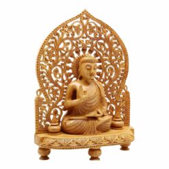 wooden lord buddha figurines sitting on carved stand