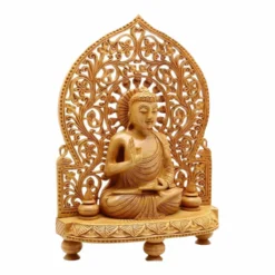 wooden lord buddha figurines sitting on carved stand