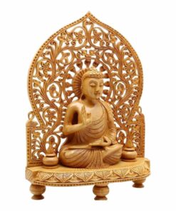 wooden lord buddha figurines sitting on carved stand