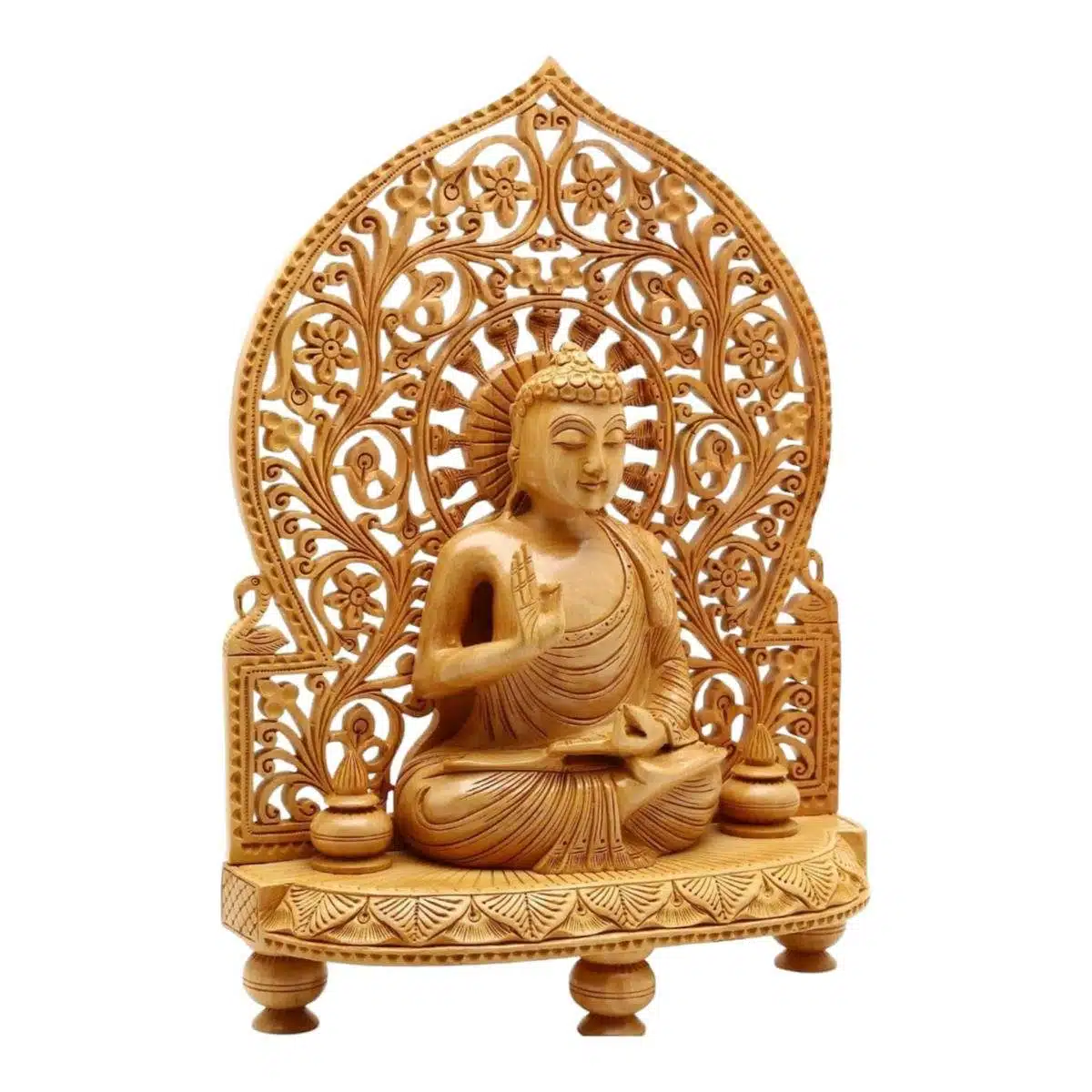 wooden lord buddha figurines sitting on carved stand
