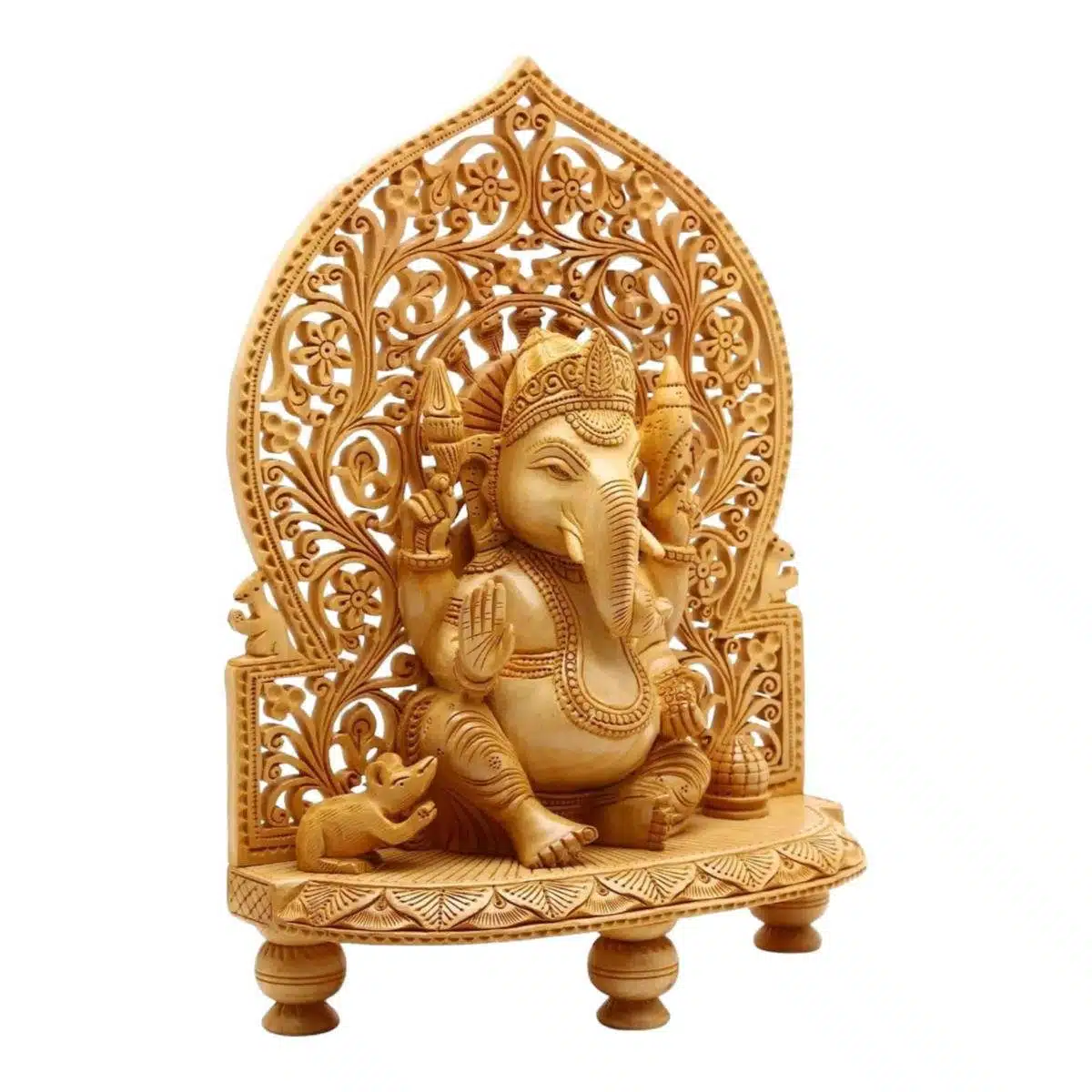 Wooden Ganesh statue sitting on a wood carved stand with mouse