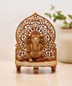 Wooden Ganesha statue sitting on hand craved wood stand with wood mouse