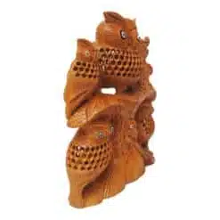 wooden hand craved owl statue with three baby undercut carving on it