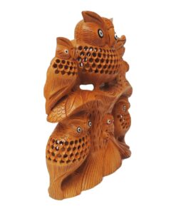 wooden hand craved owl statue with three baby undercut carving on it