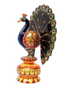 Wooden peacock figurines hand painted on sitting on stand