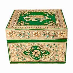 Decorative green and gold box with turtle motif, floral patterns, handcrafted cultural artistry.