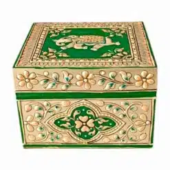 Decorative green and gold box with turtle motif, floral patterns, handcrafted cultural artistry.