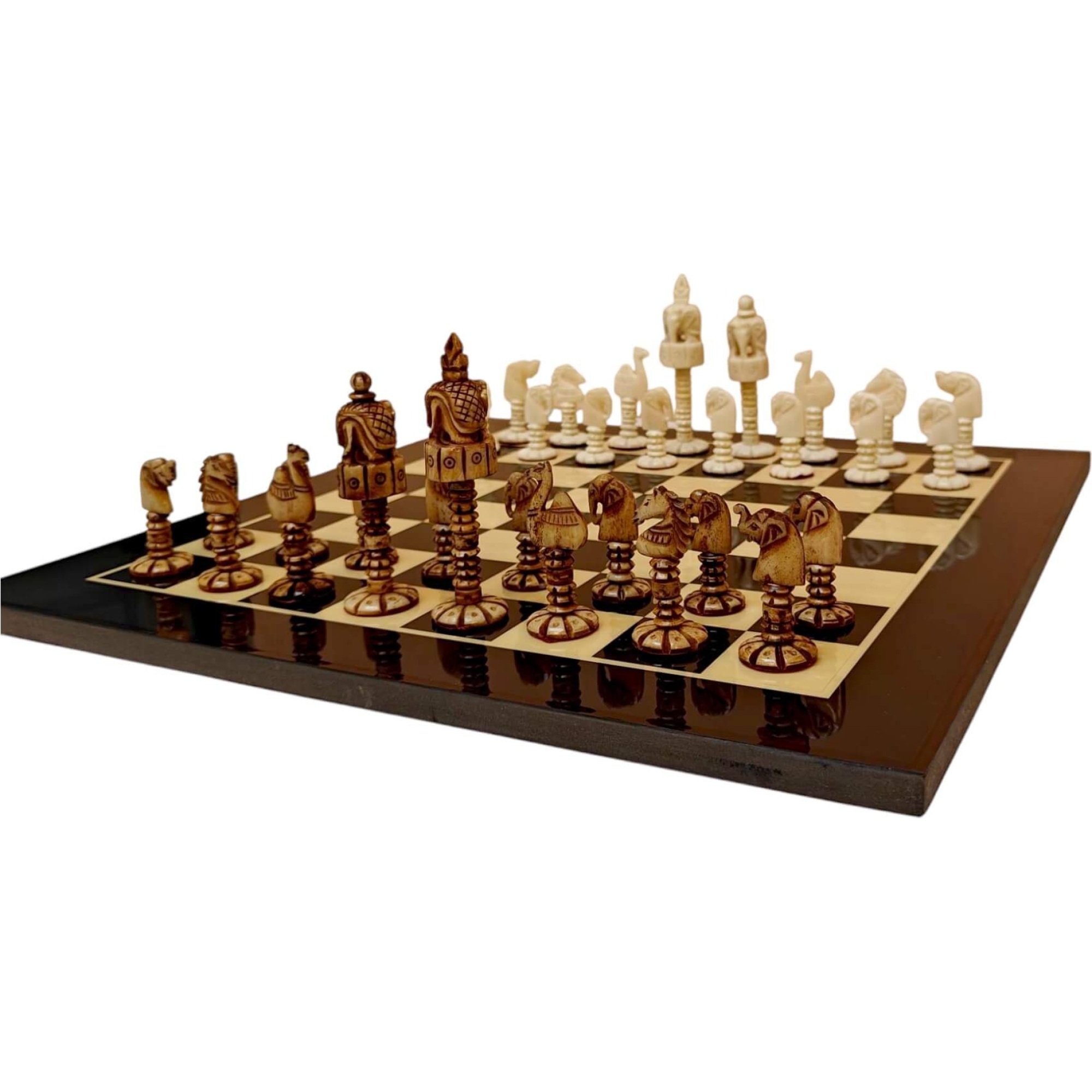 bone chess set on checkered board with detailed white and dark brown pieces.