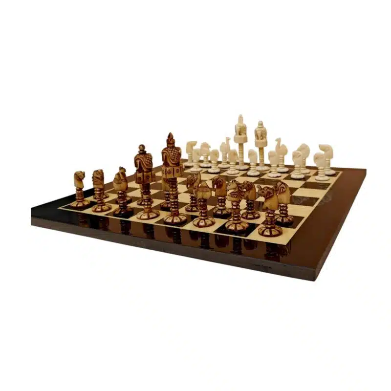 bone chess set on checkered board with detailed white and dark brown pieces.