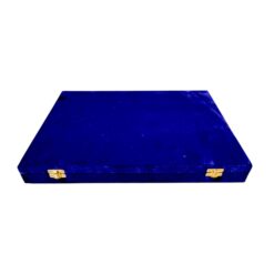 Elegant blue velvet gift box with gold clasps and luxurious craftsmanship.