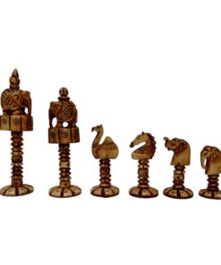 Intricately carved cultural-themed bone chess pieces on spiral bases, featuring elephants, swans, and regal designs.