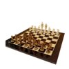 Elegant wooden chess set with carved pieces on a polished board,