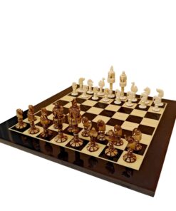 Elegant wooden chess set with carved pieces on a polished board,