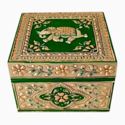 Decorative wooden box with intricate green, gold floral patterns and an elephant motif.