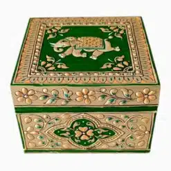 Decorative wooden box with intricate green, gold floral patterns and an elephant motif.