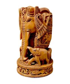 Elephant Wood Carving With Baby Figurine