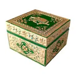 Decorative green jewelry box with gold accents, floral patterns, and ornate elephant top design.