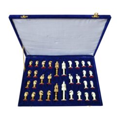 Luxury bone chess set with white and Antique color pieces in a velvet-lined blue case.