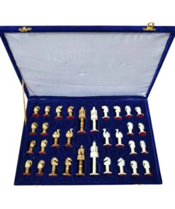 Luxury bone chess set with white and Antique color pieces in a velvet-lined blue case.