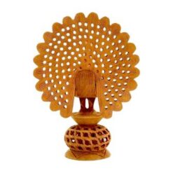 Wooden peacock sculpture with intricate tail design and natural warm finish, perfect for home decor.