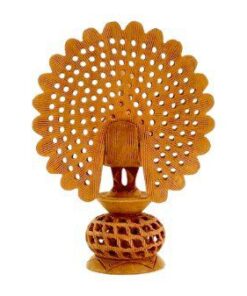 Wooden peacock sculpture with intricate tail design and natural warm finish, perfect for home decor.