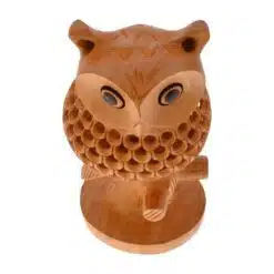 Handcrafted wooden owl figurine with detailed feather carvings and glossy black bead eyes.