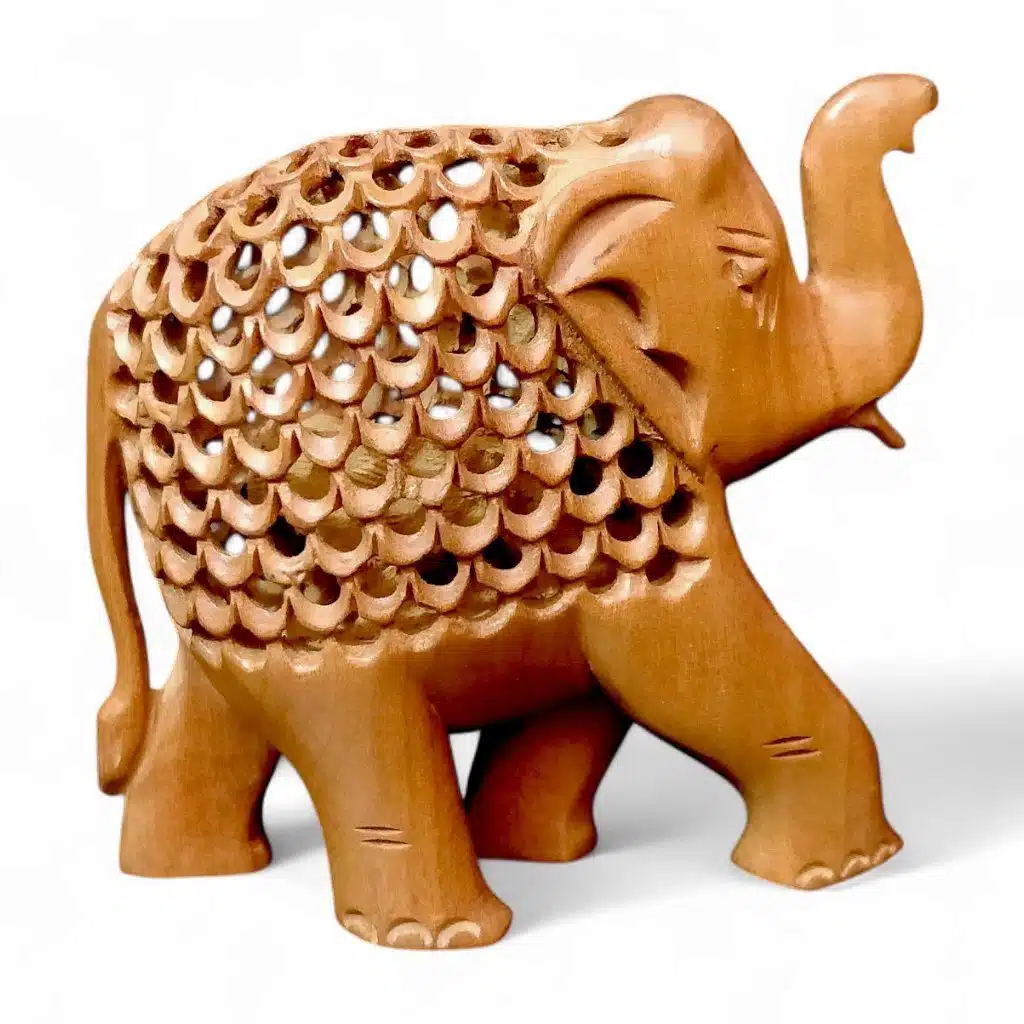Wooden Elephant Carving With Lattice Pattern