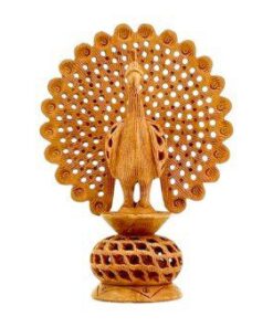 wooden hand carved peacock on stand