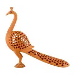Decorative wooden peacock sculpture with intricate perforated design and elegant craftsmanship.