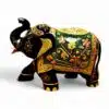 Hand-painted black wooden elephant statue with Indian floral designs and raised trunk.