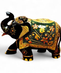 Hand-painted black wooden elephant statue with Indian floral designs and raised trunk.