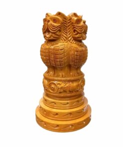 wooden Ashoka pillar statue, hand carved lion face on it