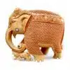 Decorative carved elephant figurine with baby, ivory resin statue, rhinestone accents.