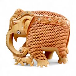 Decorative carved elephant figurine with baby, ivory resin statue, rhinestone accents.