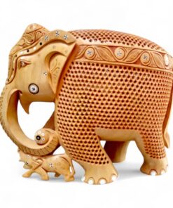Decorative carved elephant figurine with baby, ivory resin statue, rhinestone accents.