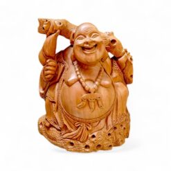 Carved wooden Laughing Buddha figurine with beaded necklace and glossy golden-brown finish