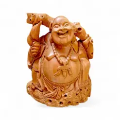 Carved wooden Laughing Buddha figurine with beaded necklace and glossy golden-brown finish