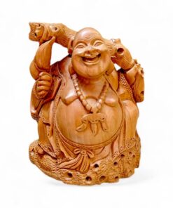 Carved wooden Laughing Buddha figurine with beaded necklace and glossy golden-brown finish