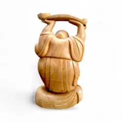 Hand-carved wooden laughing Buddha monk figurine holding ceremonial staff, rear view.