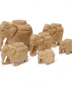 Hand-carved wooden elephant tample piller with Indian carving designs.