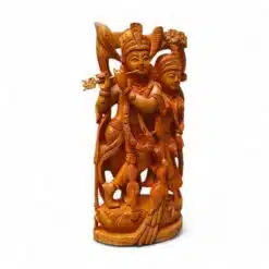 Hand-carved wooden Radha Krishna statue with flute, peacock, and ornate Indian devotional details.