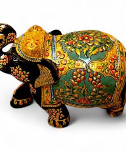 Hand-painted Indian folk art elephant figurine with ornate gold floral details.