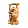 Polished wooden laughing Buddha statue with raised arms, ornate base, and glossy finish.