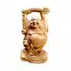Polished wooden laughing Buddha statue with raised arms, ornate base, and glossy finish.