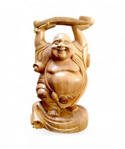 Polished wooden laughing Buddha statue with raised arms, ornate base, and glossy finish.